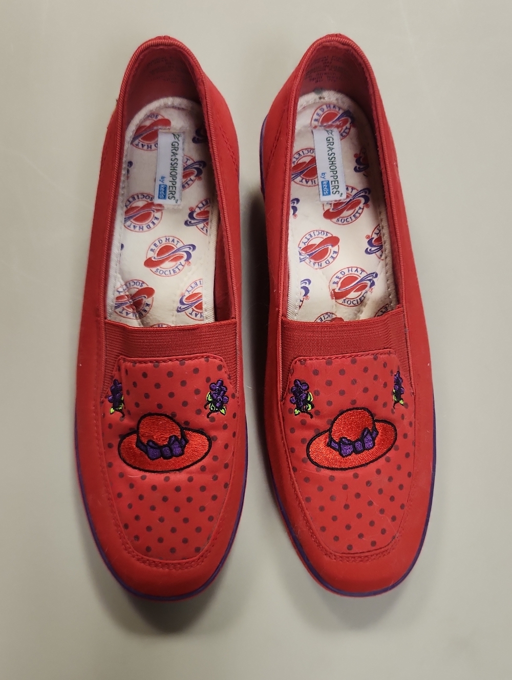 Grasshoppers Red Embroidered Slip-On Loafers with Purple Accent